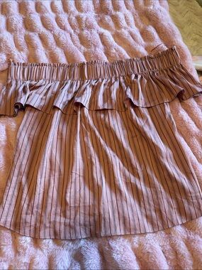 Express Pink Striped Ruffle off the shoulder top